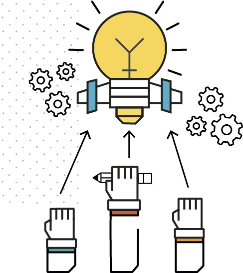 Icono bombillo que representa ideas y manos trabajando