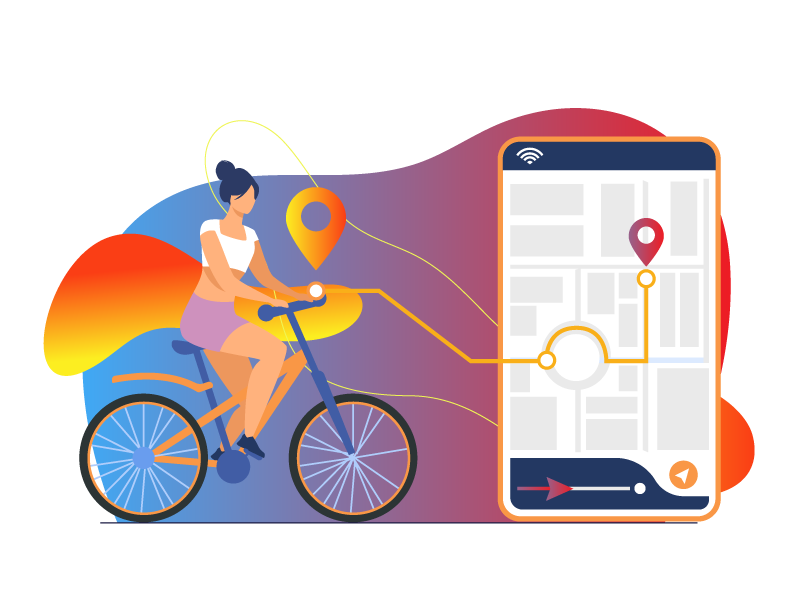 Ilustración de una mujer en bicicleta, con un celular de gran tamaño al lado con un mapa y una ruta marcada