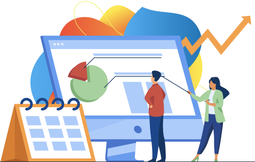 Ilustración de dos personas, una mujer presentando estadísticas y el hombre viendo