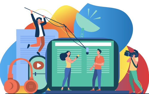 Ilustración de periodistas realizando una entrevista a otra persona