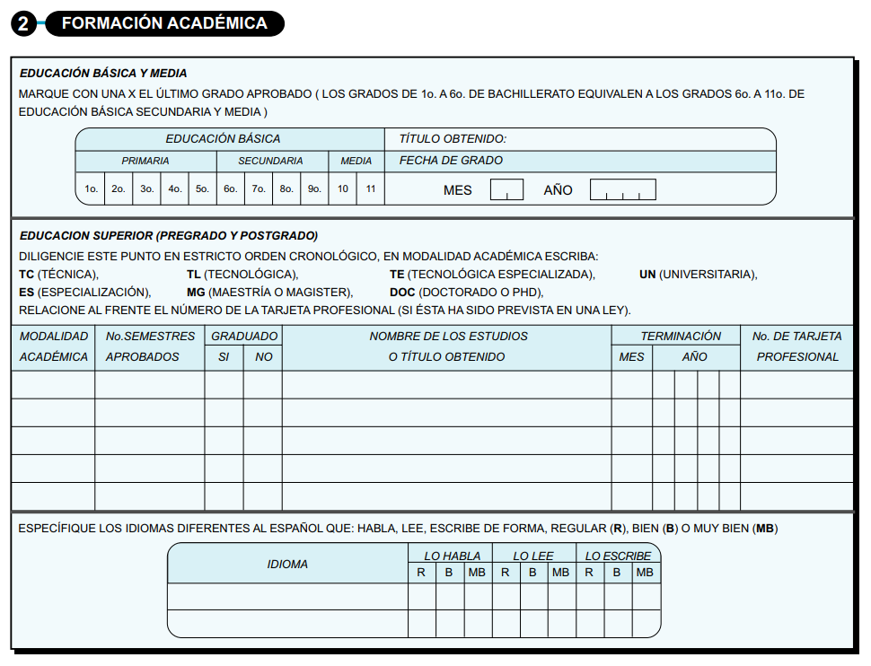 Sección Formación Académica del Formato Unico de Hoja de vida persona natural