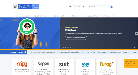 Captura de pantalla del nuevo home o página principal de la página web de Función Pública