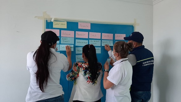Tres mujeres y un hombre, frente a un tablero con con tarjetas pegadas