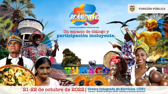 Imagen oficial de la Estrategia Acércate. Tejido de Cambio Tejido de Paz. Un espacio de diálogo y participación incluyente. Varias personas sonriendo.