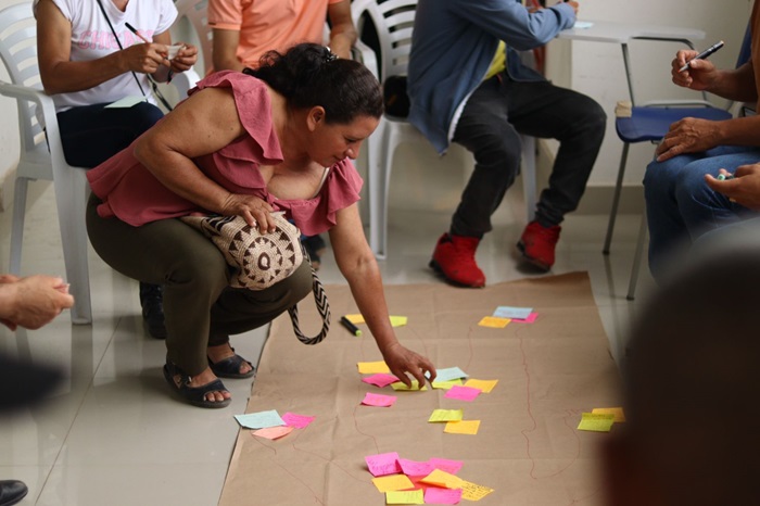 Una mujer agachada participando en un trabajo de cartografías en Santa Rosa del Sur para identificar necesidades